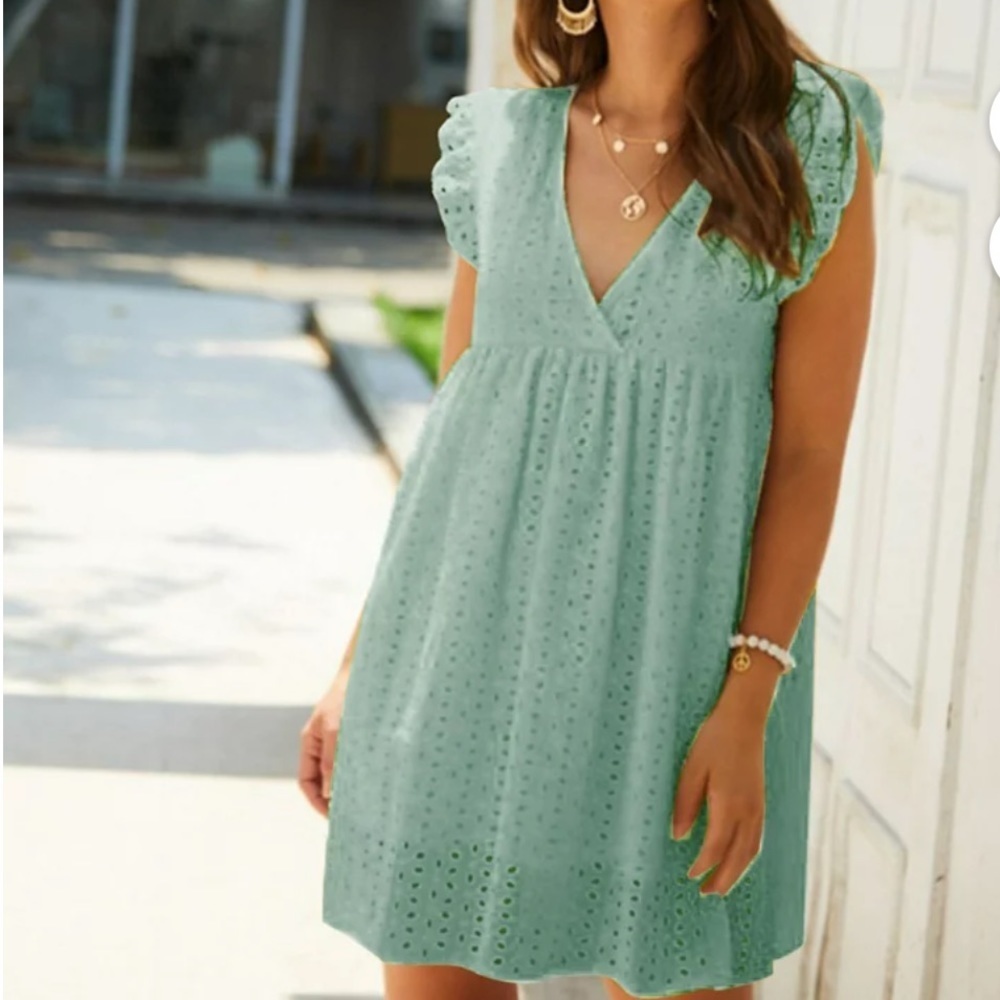 Miss Sparkling faux wrap eyelet dress empire waist /babydoll aqua ruffle sleeve